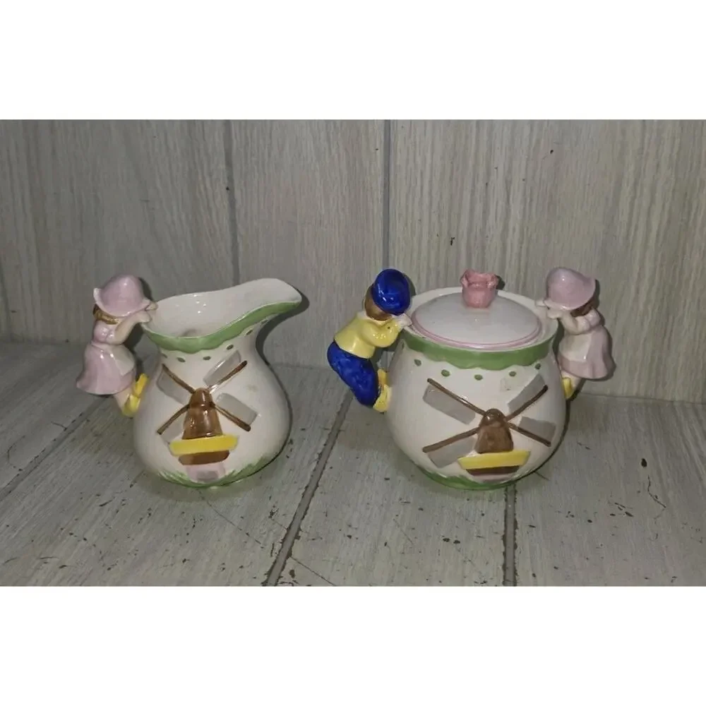 Vtg Green Trim Dutch Holland Windmill Boy & Girl Creamer and Sugar Set Kitschy